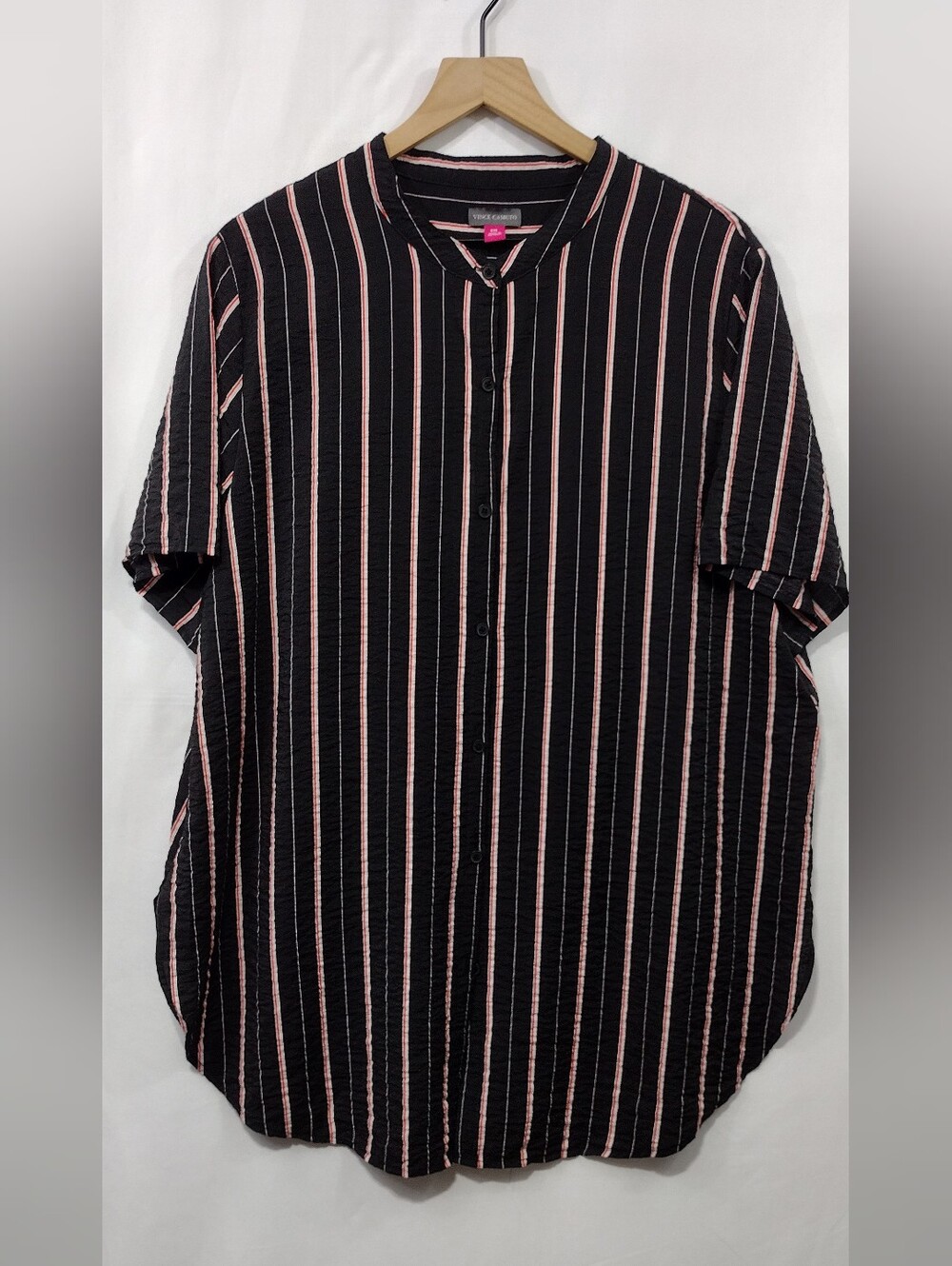 Vince Camuto Black and Pink Striped Short-Sleeve Shirt Womens XXL Boho Retro 90s